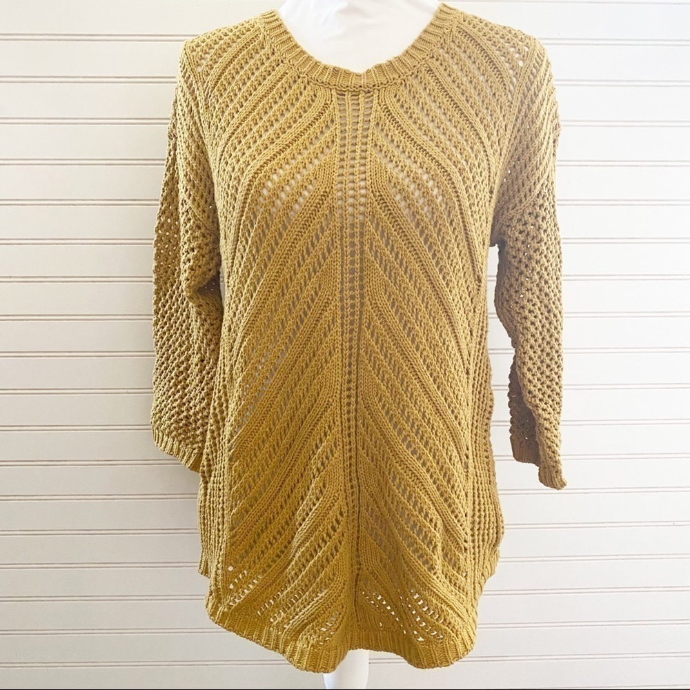 Chelsea & Theodore Sweater Size L Mustard Yellow Open Knit Chevron Boho Top